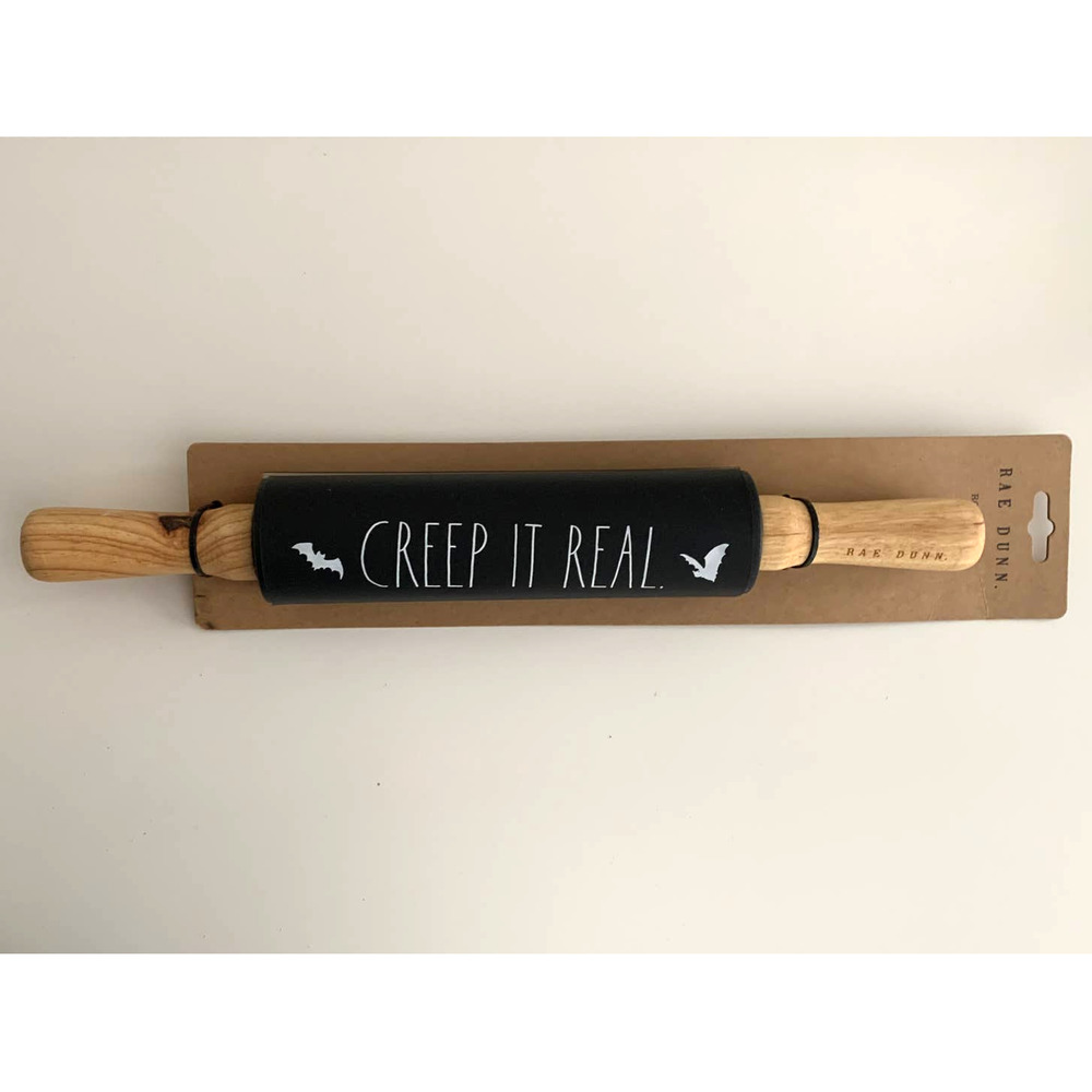 Rae Dunn Black CREEP IT REAL Black Rolling Halloween Pin 15" Wood Handles New
